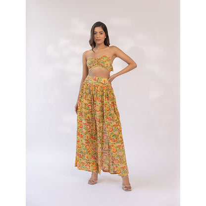 SHAAKHA Mustard Floral Printed Sleeveless Strapless Tube Bandeau With Skirt (Set of 2)