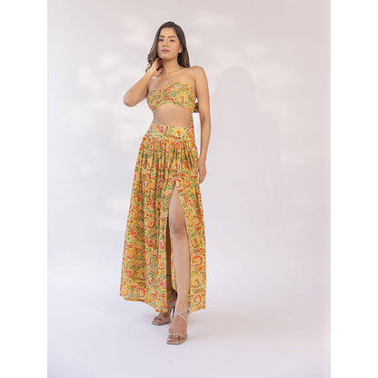 SHAAKHA Mustard Floral Printed Sleeveless Strapless Tube Bandeau With Skirt (Set of 2)