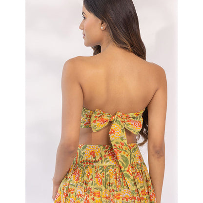 SHAAKHA Mustard Floral Printed Sleeveless Strapless Tube Bandeau With Skirt (Set of 2)