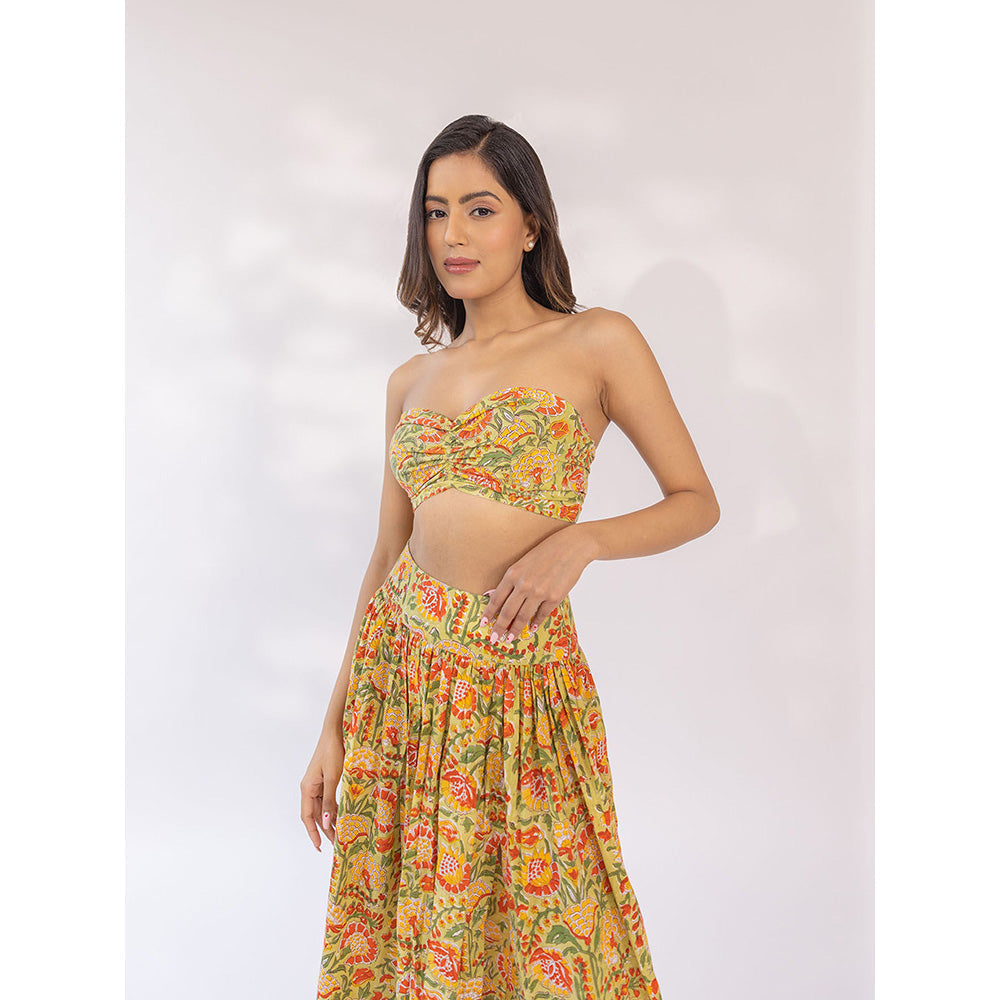 SHAAKHA Mustard Floral Printed Sleeveless Strapless Tube Bandeau With Skirt (Set of 2)
