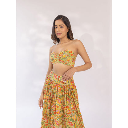SHAAKHA Mustard Floral Printed Sleeveless Strapless Tube Bandeau With Skirt (Set of 2)