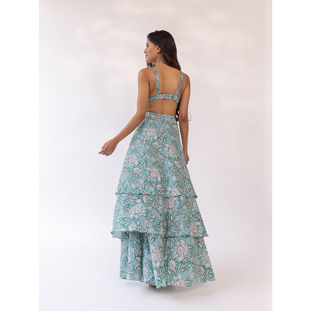 SHAAKHA Turquoise Floral Printed Sleeveless Shoulder Straps Blouse With Skirt (Set of 2)