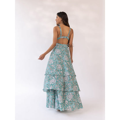 SHAAKHA Turquoise Floral Printed Sleeveless Shoulder Straps Blouse With Skirt (Set of 2)