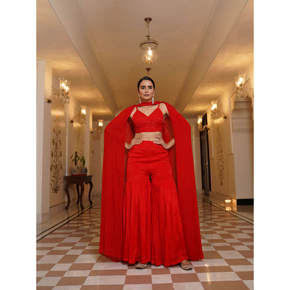 SHAAKHA Red Sequined Sleeveless Shoulder Straps Bustier With Sharara & Dupatta (Set of 3)