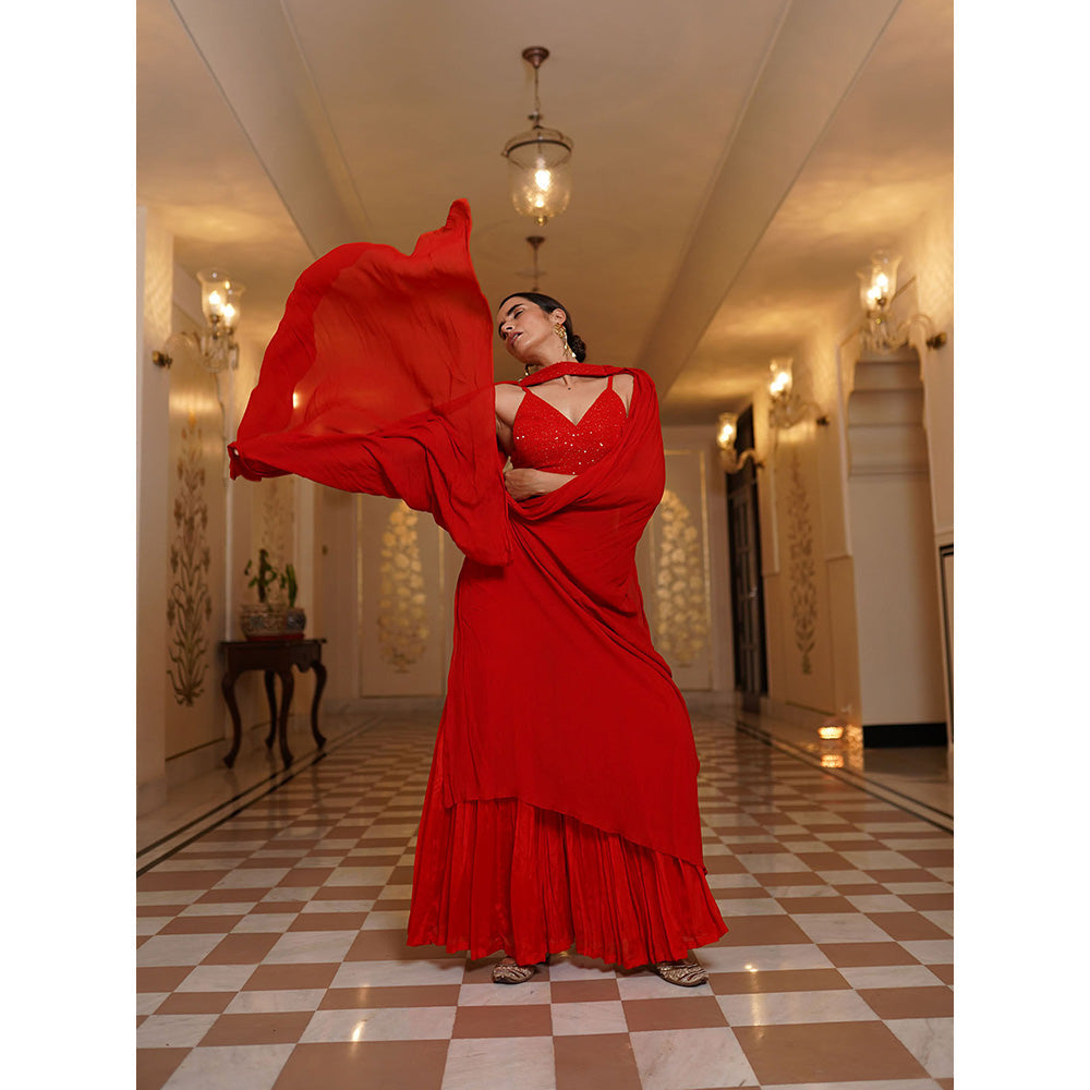 SHAAKHA Red Sequined Sleeveless Shoulder Straps Bustier With Sharara & Dupatta (Set of 3)