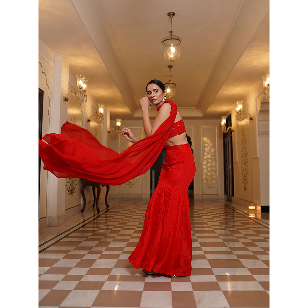 SHAAKHA Red Sequined Sleeveless Shoulder Straps Bustier With Sharara & Dupatta (Set of 3)
