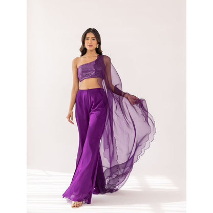 SHAAKHA Purple Sequined Thread Work One Shoulder Crop Top With Palazzo & Dupatta (Set of 3)