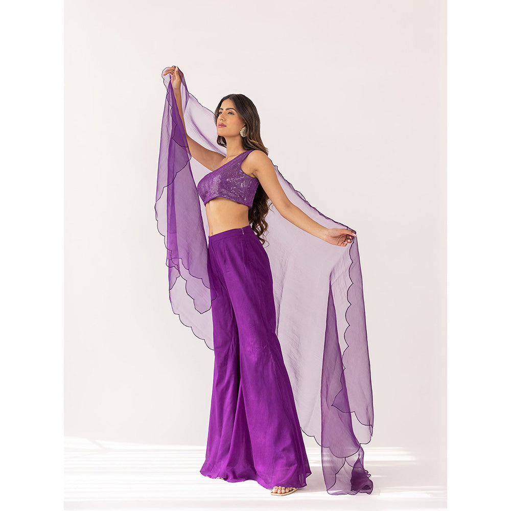 SHAAKHA Purple Sequined Thread Work One Shoulder Crop Top With Palazzo & Dupatta (Set of 3)