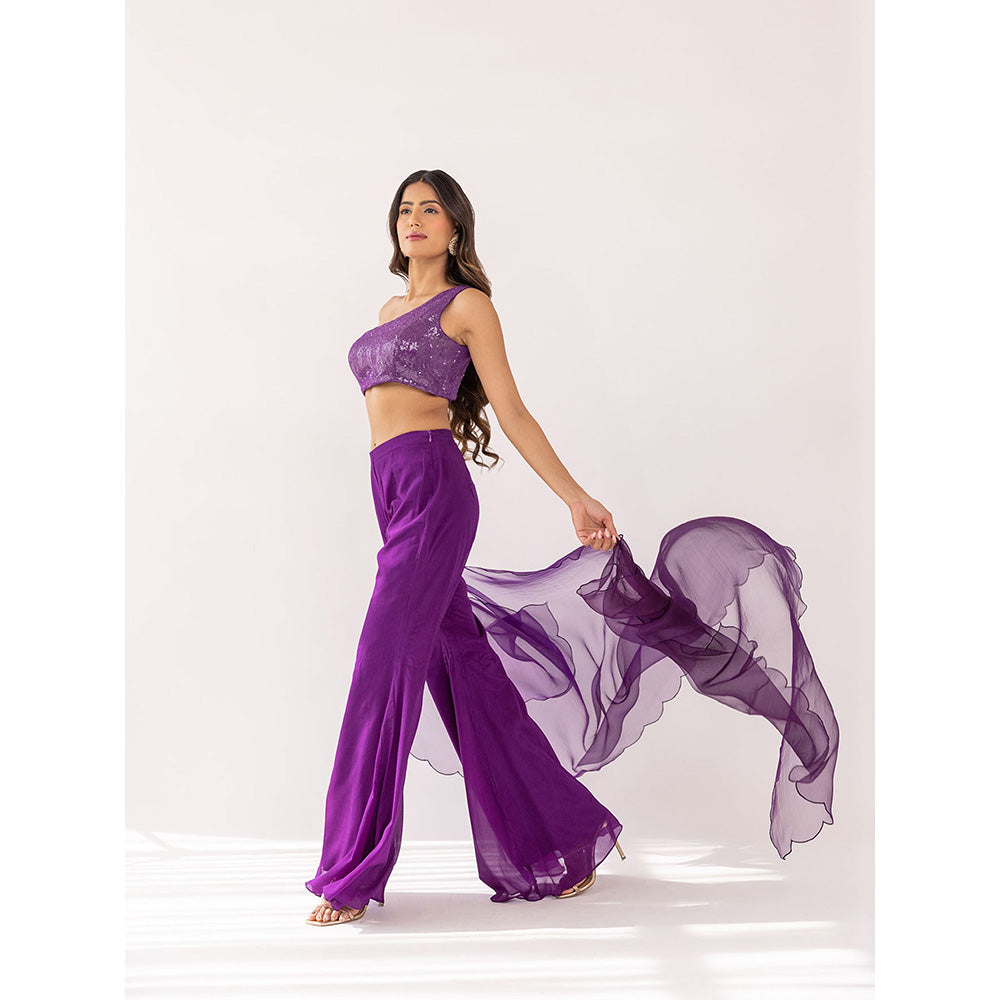 SHAAKHA Purple Sequined Thread Work One Shoulder Crop Top With Palazzo & Dupatta (Set of 3)