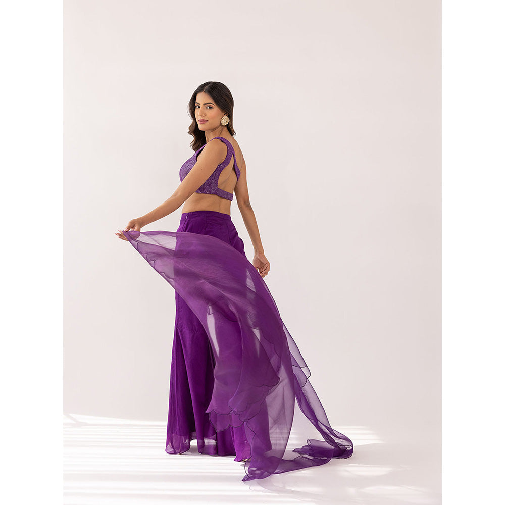 SHAAKHA Purple Sequined Thread Work One Shoulder Crop Top With Palazzo & Dupatta (Set of 3)