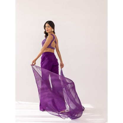 SHAAKHA Purple Sequined Thread Work One Shoulder Crop Top With Palazzo & Dupatta (Set of 3)