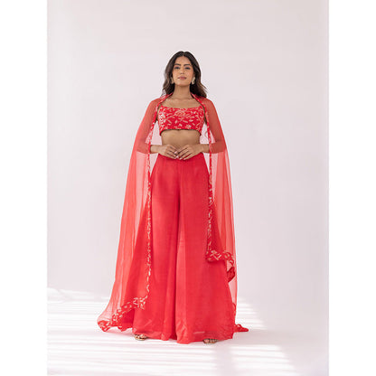 SHAAKHA Red Sequined Sleeveless Shoulder Strap Crop Top With Palazzo & Dupatta (Set of 3)