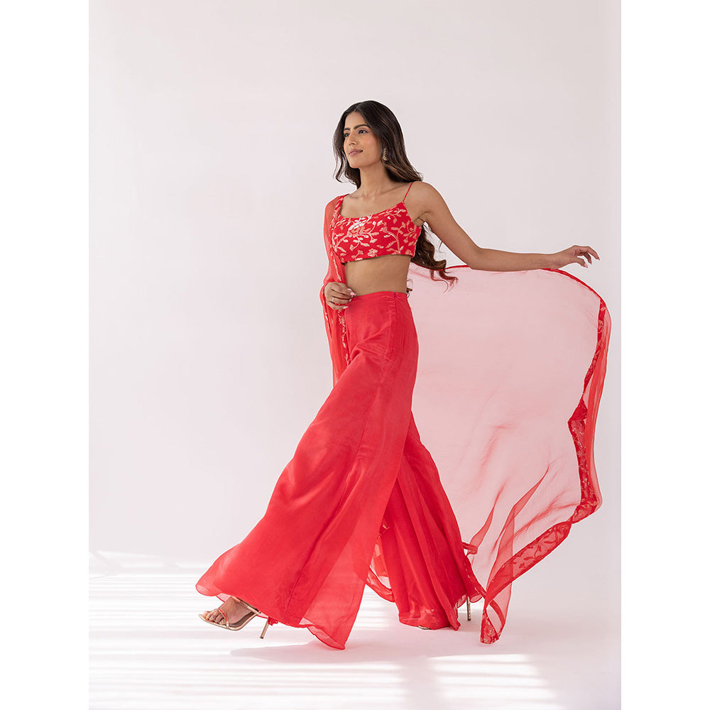 SHAAKHA Red Sequined Sleeveless Shoulder Strap Crop Top With Palazzo & Dupatta (Set of 3)