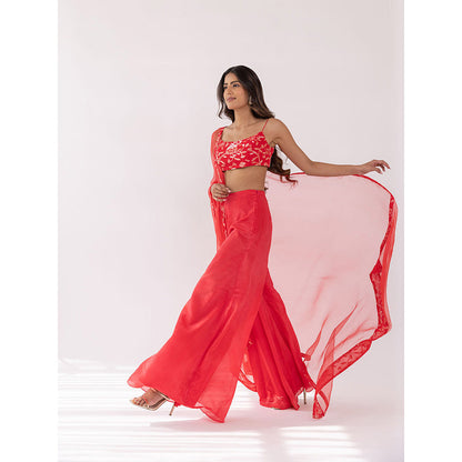 SHAAKHA Red Sequined Sleeveless Shoulder Strap Crop Top With Palazzo & Dupatta (Set of 3)