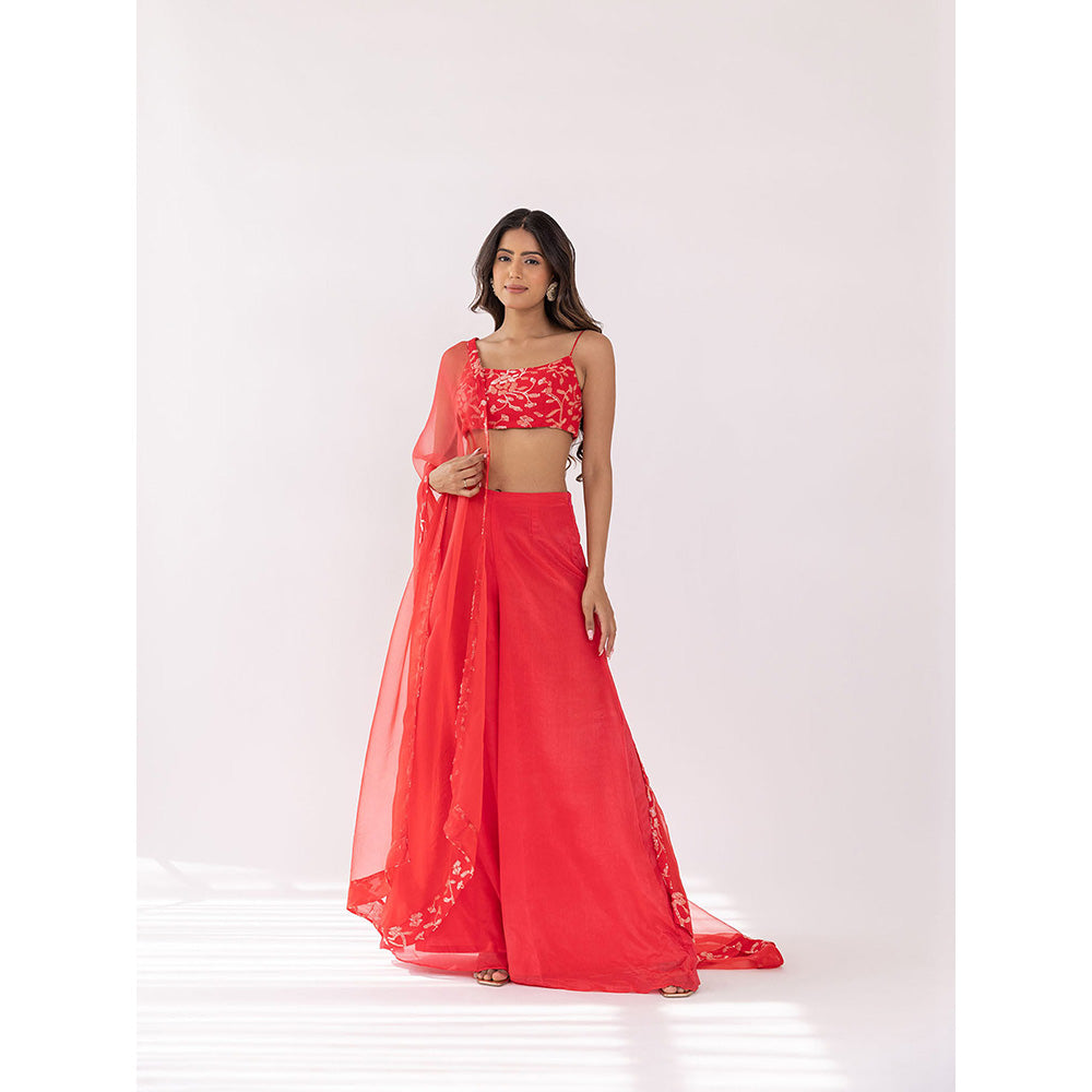 SHAAKHA Red Sequined Sleeveless Shoulder Strap Crop Top With Palazzo & Dupatta (Set of 3)