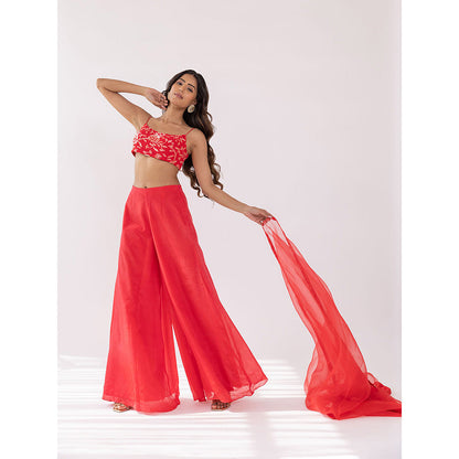 SHAAKHA Red Sequined Sleeveless Shoulder Strap Crop Top With Palazzo & Dupatta (Set of 3)