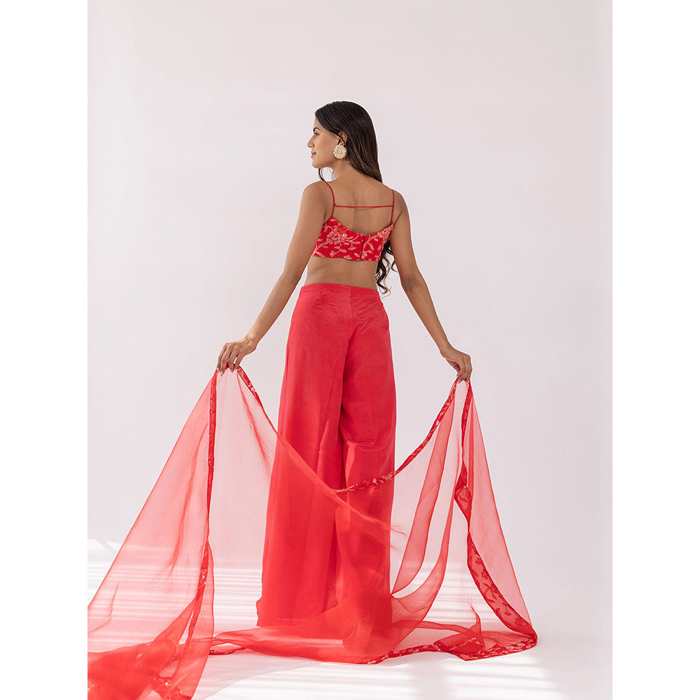 SHAAKHA Red Sequined Sleeveless Shoulder Strap Crop Top With Palazzo & Dupatta (Set of 3)