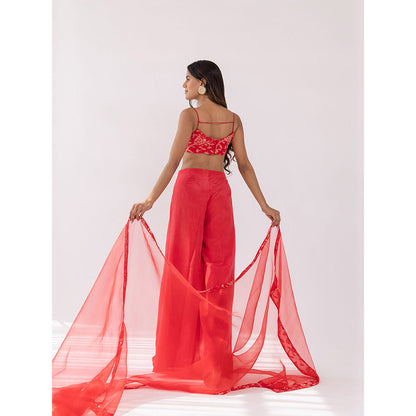 SHAAKHA Red Sequined Sleeveless Shoulder Strap Crop Top With Palazzo & Dupatta (Set of 3)