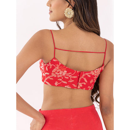 SHAAKHA Red Sequined Sleeveless Shoulder Strap Crop Top With Palazzo & Dupatta (Set of 3)