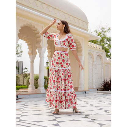 SHAAKHA Multi-Color Floral Printed Puff Sleeves Sweetheart Crop Top With Skirt (Set of 2)