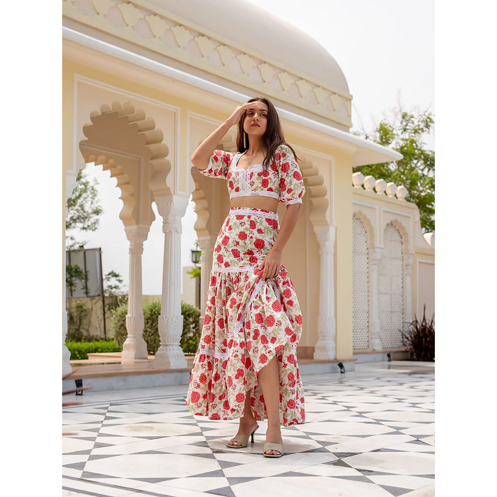 SHAAKHA Multi-Color Floral Printed Puff Sleeves Sweetheart Crop Top With Skirt (Set of 2)