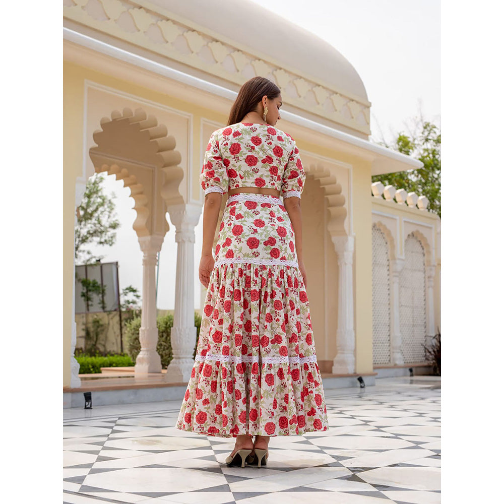 SHAAKHA Multi-Color Floral Printed Puff Sleeves Sweetheart Crop Top With Skirt (Set of 2)