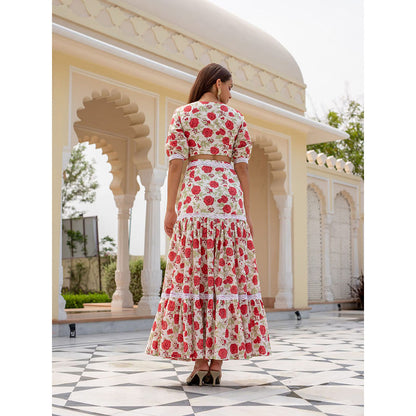 SHAAKHA Multi-Color Floral Printed Puff Sleeves Sweetheart Crop Top With Skirt (Set of 2)