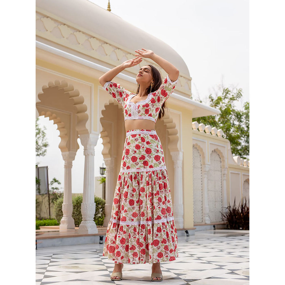 SHAAKHA Multi-Color Floral Printed Puff Sleeves Sweetheart Crop Top With Skirt (Set of 2)