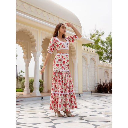 SHAAKHA Multi-Color Floral Printed Puff Sleeves Sweetheart Crop Top With Skirt (Set of 2)