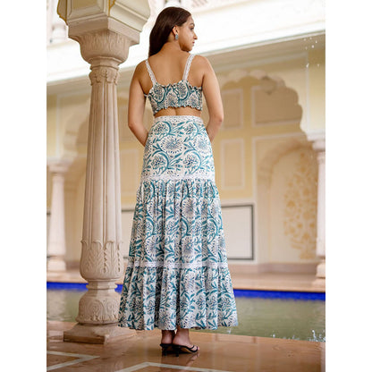SHAAKHA Blue Floral Printed Sleeveless Shoulder Straps Crop Top With Skirt (Set of 2)