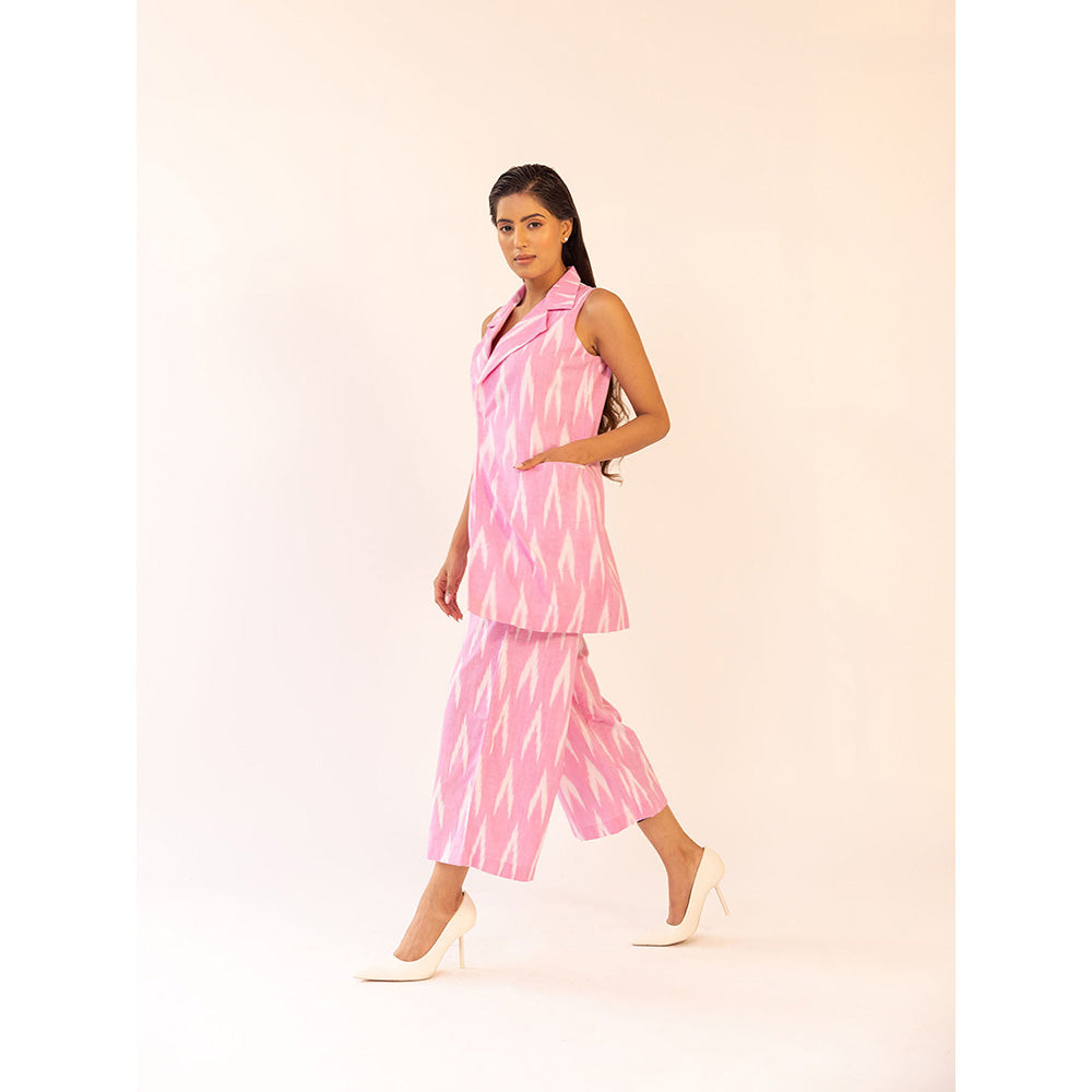 SHAAKHA Pink Printed Sleeveless Notched Lapel Jacket With Pant (Set of 2)