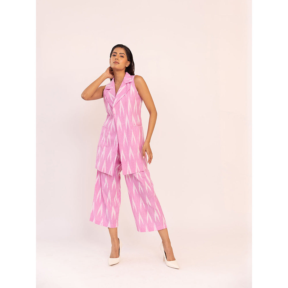 SHAAKHA Pink Printed Sleeveless Notched Lapel Jacket With Pant (Set of 2)