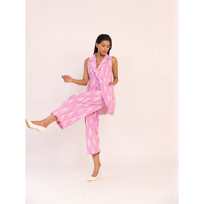 SHAAKHA Pink Printed Sleeveless Notched Lapel Jacket With Pant (Set of 2)