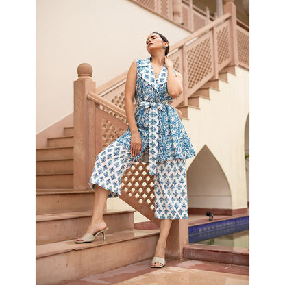 SHAAKHA Blue Floral Printed Sleeveless Notched Lapel Jacket With Pant & Belt (Set of 3)