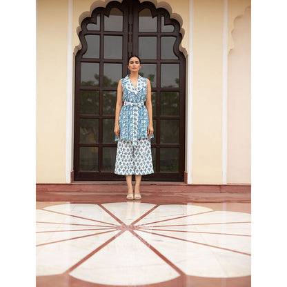 SHAAKHA Blue Floral Printed Sleeveless Notched Lapel Jacket With Pant & Belt (Set of 3)