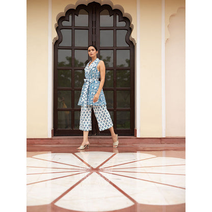 SHAAKHA Blue Floral Printed Sleeveless Notched Lapel Jacket With Pant & Belt (Set of 3)