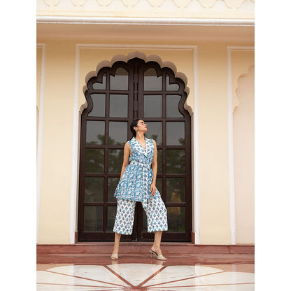 SHAAKHA Blue Floral Printed Sleeveless Notched Lapel Jacket With Pant & Belt (Set of 3)