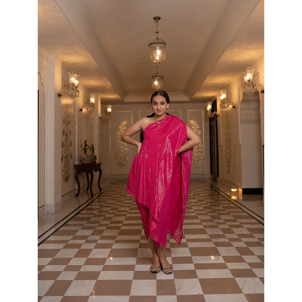 SHAAKHA Pink Stripes Woven Sleeveless One Shoulder Kaftan With Pant (Set of 2)