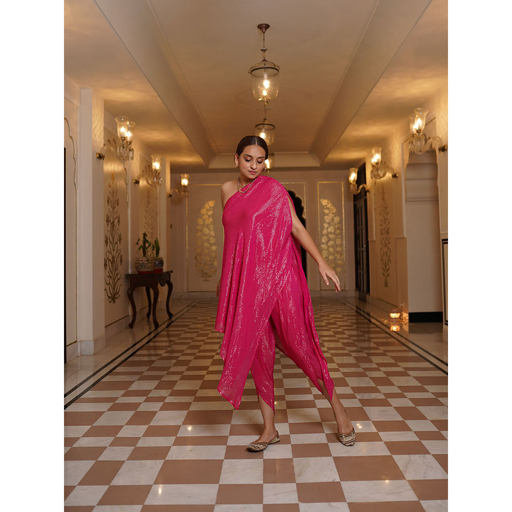 SHAAKHA Pink Stripes Woven Sleeveless One Shoulder Kaftan With Pant (Set of 2)