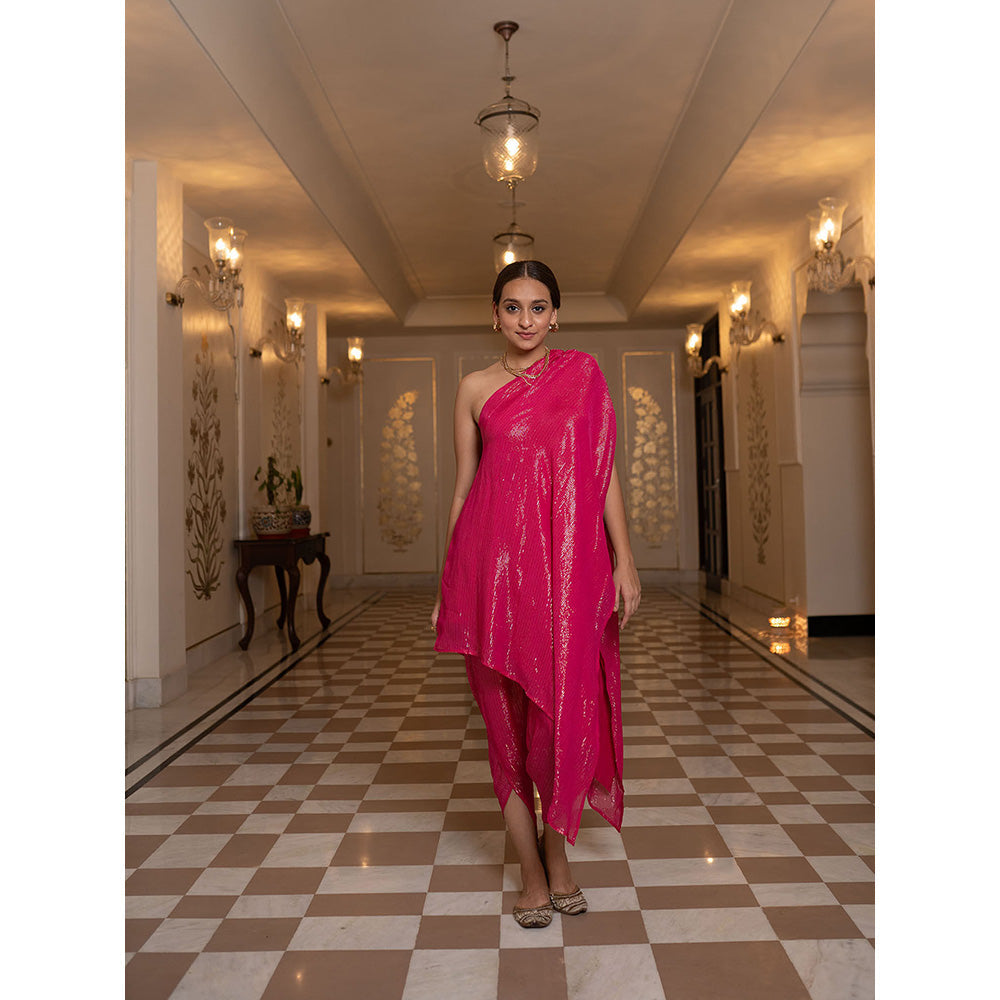 SHAAKHA Pink Stripes Woven Sleeveless One Shoulder Kaftan With Pant (Set of 2)