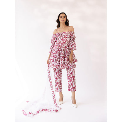 SHAAKHA Pink Floral Three Fourth Sleeves Off Shoulder Kurta With Pant & Dupatta (Set of 3)