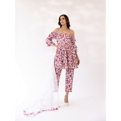 SHAAKHA Pink Floral Three Fourth Sleeves Off Shoulder Kurta With Pant & Dupatta (Set of 3)