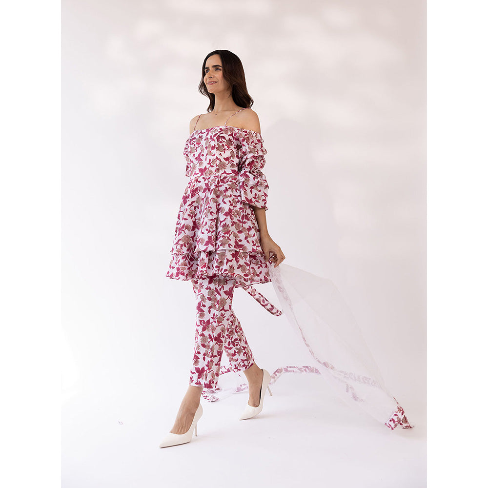 SHAAKHA Pink Floral Three Fourth Sleeves Off Shoulder Kurta With Pant & Dupatta (Set of 3)