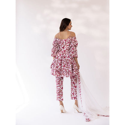 SHAAKHA Pink Floral Three Fourth Sleeves Off Shoulder Kurta With Pant & Dupatta (Set of 3)