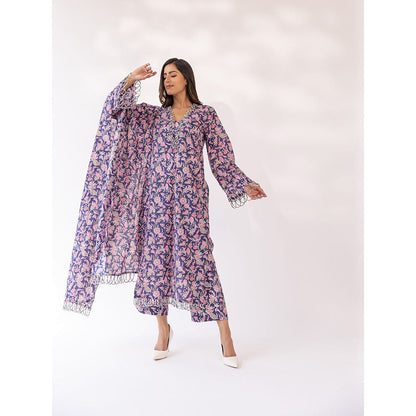 SHAAKHA Purple Floral Printed Full Sleeves V-Neck Kurta With Pant & Dupatta (Set of 3)