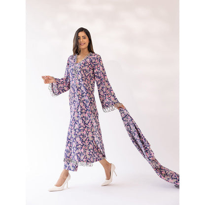 SHAAKHA Purple Floral Printed Full Sleeves V-Neck Kurta With Pant & Dupatta (Set of 3)