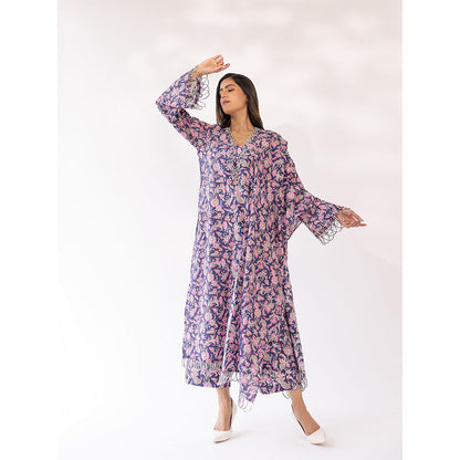 SHAAKHA Purple Floral Printed Full Sleeves V-Neck Kurta With Pant & Dupatta (Set of 3)