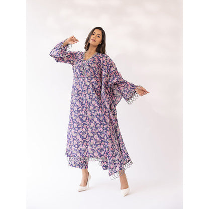 SHAAKHA Purple Floral Printed Full Sleeves V-Neck Kurta With Pant & Dupatta (Set of 3)