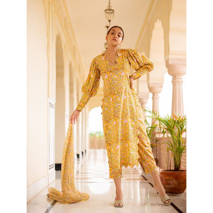 SHAAKHA Yellow Floral Printed Balloon Sleeve V-Neck Kurta With Pant & Dupatta (Set of 3)