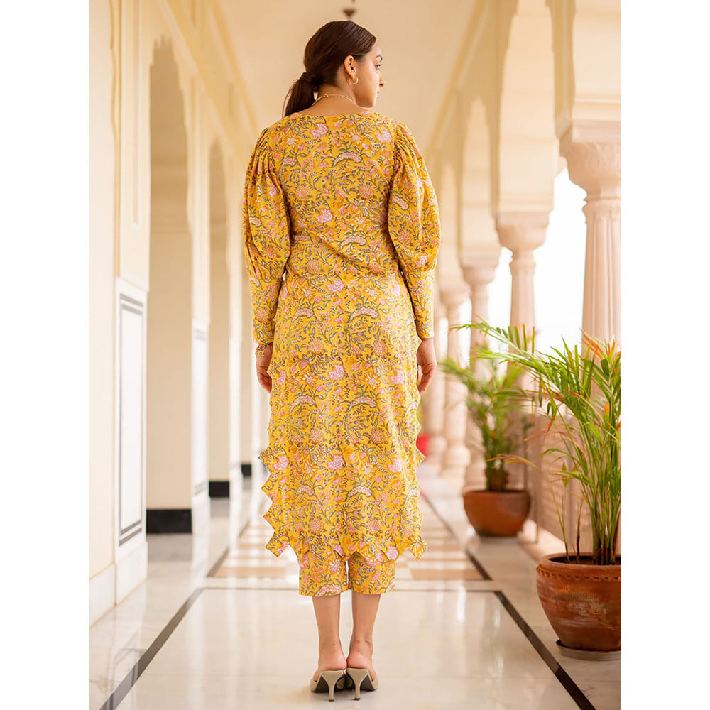 SHAAKHA Yellow Floral Printed Balloon Sleeve V-Neck Kurta With Pant & Dupatta (Set of 3)
